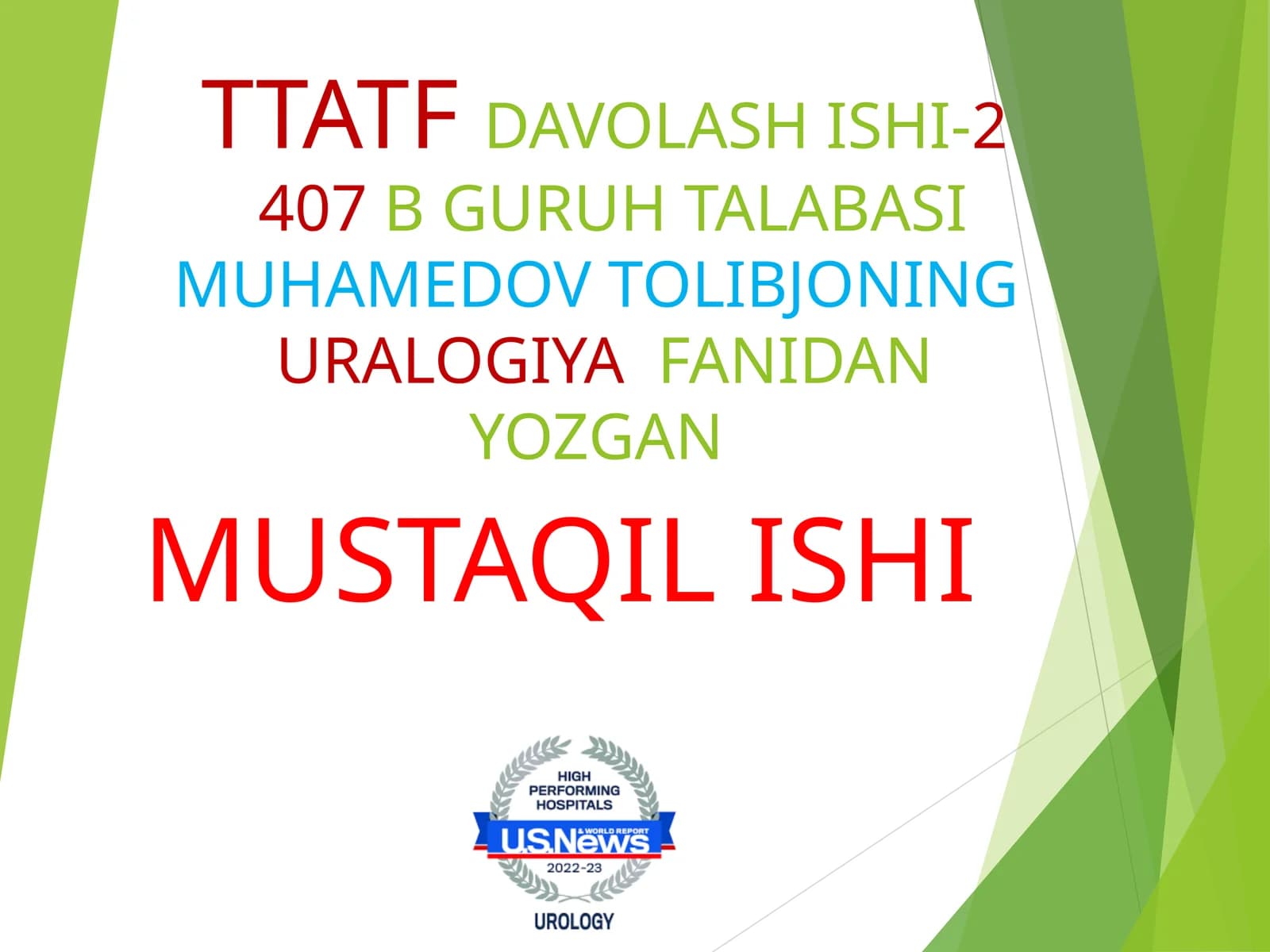 TTATFDAVOLASH ISHI-2407B GURUH TALABASIMUHAMEDOV TOLIBJONINGURALOGIYAFANIDAN YOZGAN MUSTAQIL ISHI