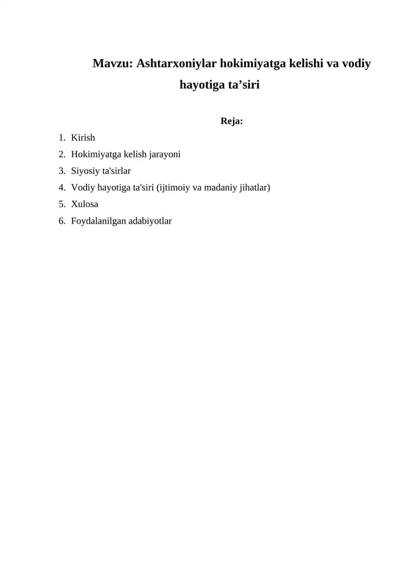 Ashtarxoniylar hokimiyatga kelishi va vodiy hayotiga ta’siri