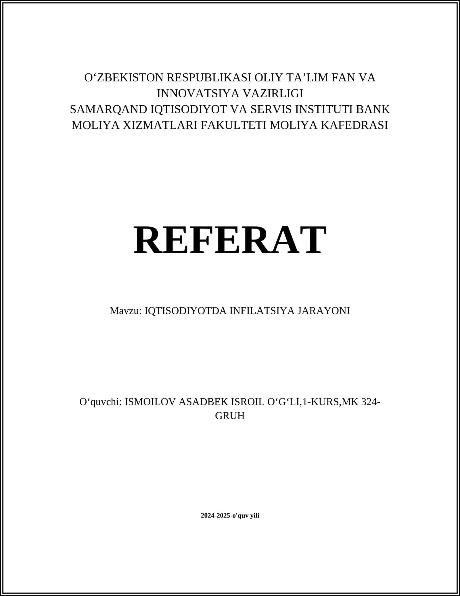 IQTISODIYOTDA INFILATSIYA JARAYONI