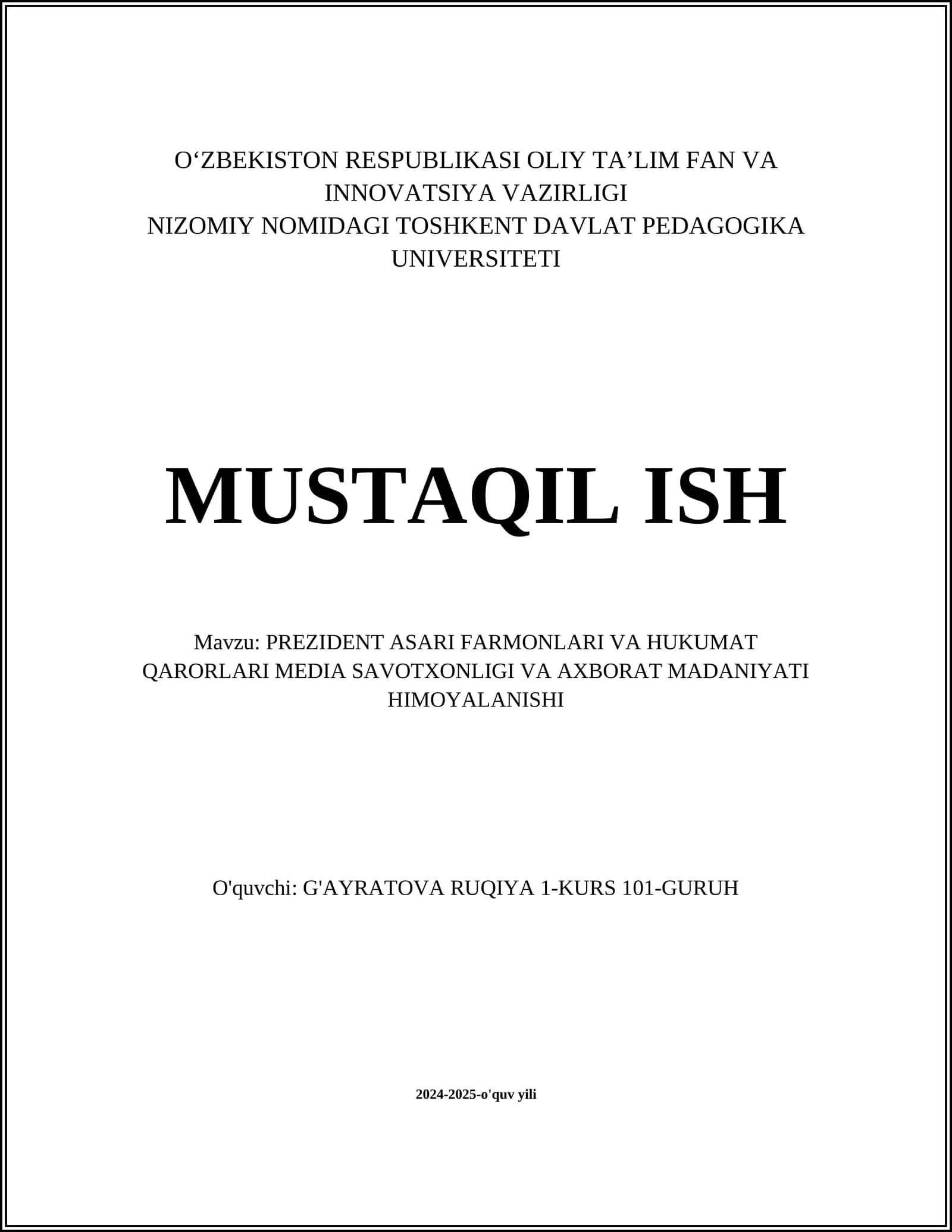 PREZIDENT ASARI FARMONLARI VA HUKUMAT QARORLARI MEDIA SAVOTXONLIGI VA AXBORAT MADANIYATI HIMOYALANISHI