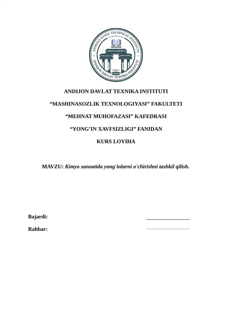 Kimyo sanoatida yong'inlarni o'chirishni tashkil qilish
