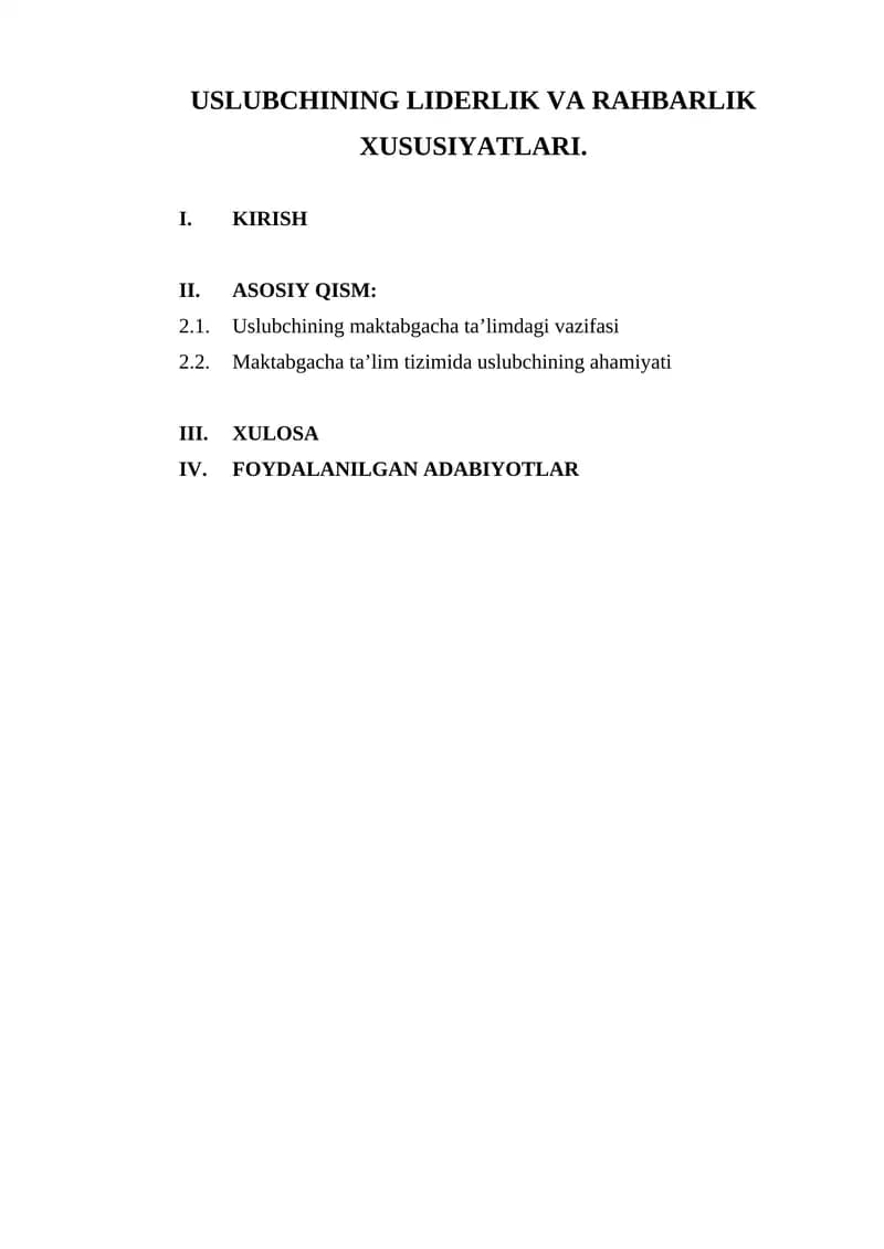 USLUBCHINING LIDERLIK VA RAHBARLIK XUSUSIYATLARI