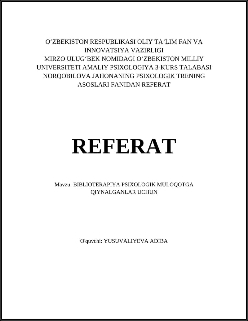 Bibioterapiya Psixologik Muloqotga Qiynalganlar Uchun