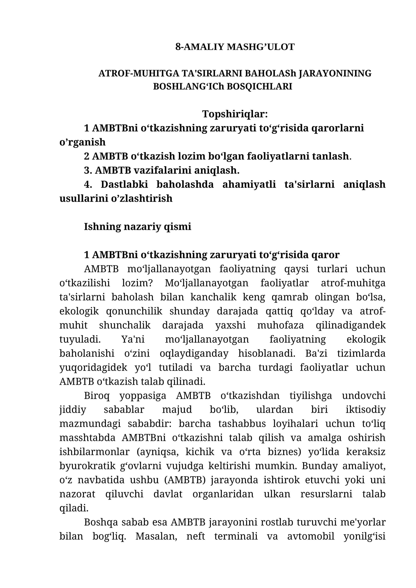 ATROF-MUHITGA TA'SIRLARNI BAHOLASh JARAYONINING BOSHLANG‘ICh BOSQICHLARI