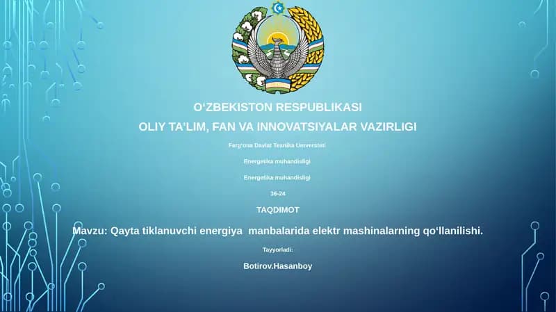 Qayta tiklanuvchi energiya manbalarida elektr mashinalarning qoʻllanilishi