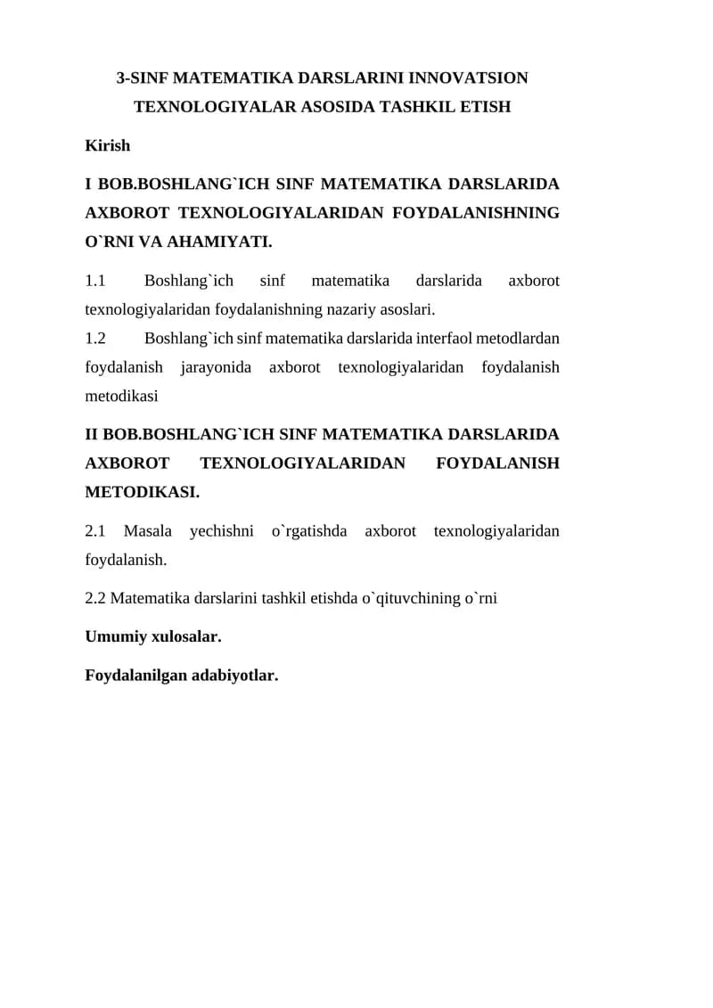 3-SINF MATEMATIKA DARSLARINI INNOVATSION TEXNOLOGIYALAR ASOSIDA TASHKIL ETISH
