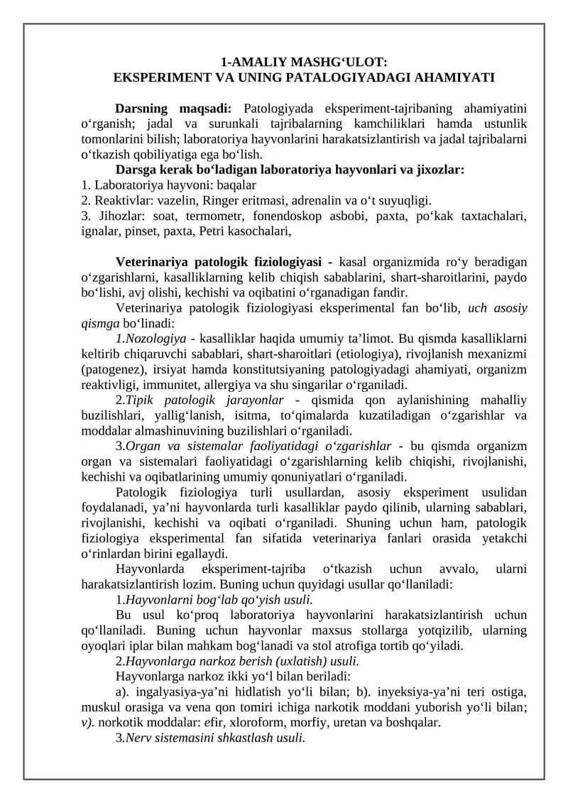 EKSPERIMENT VA UNING PATALOGIYADAGI AHAMIYATI