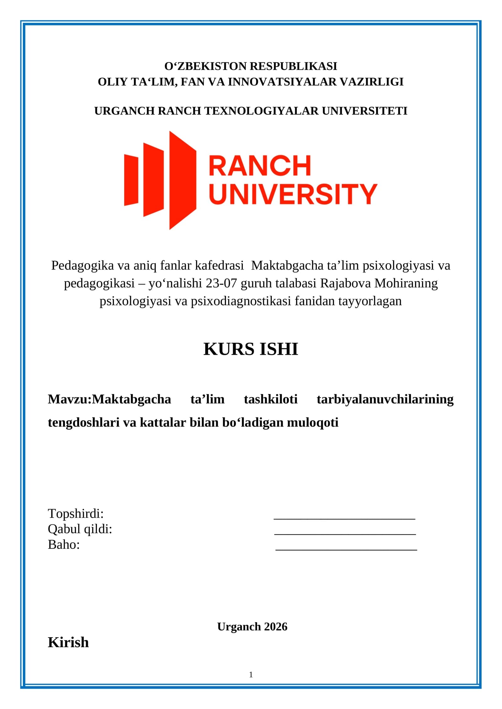Maktabgacha taʼlim psixologiyasi va pedagogikasi KURS ISHI