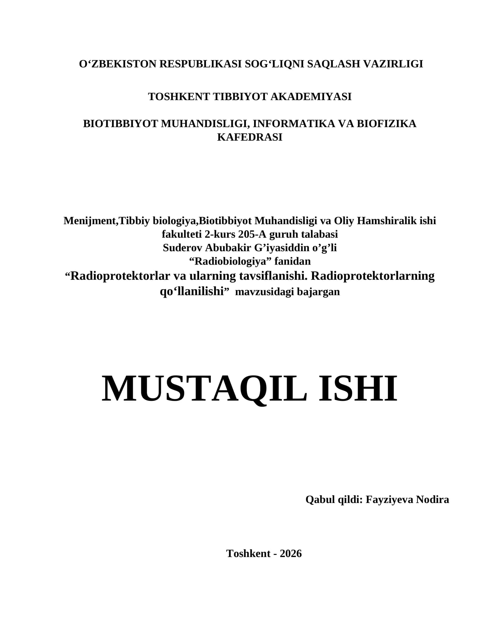 Radioprotektorlar va ularning tavsiflanishi. Radioprotektorlarning qoʻllanilishi
