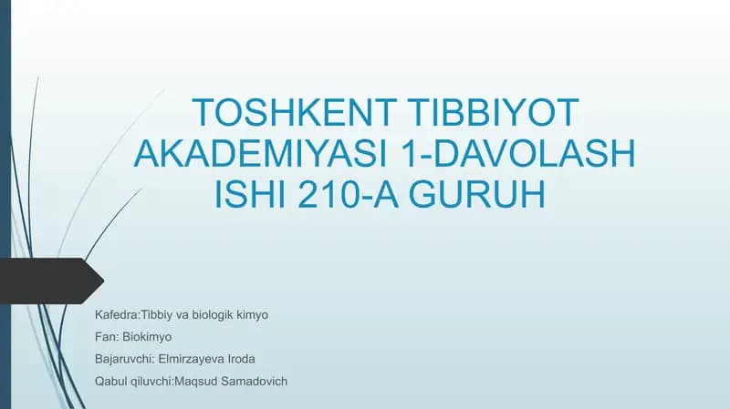 O'tkir pankreatit kelib chiqishi va davolashning biokimyoviy asoslari