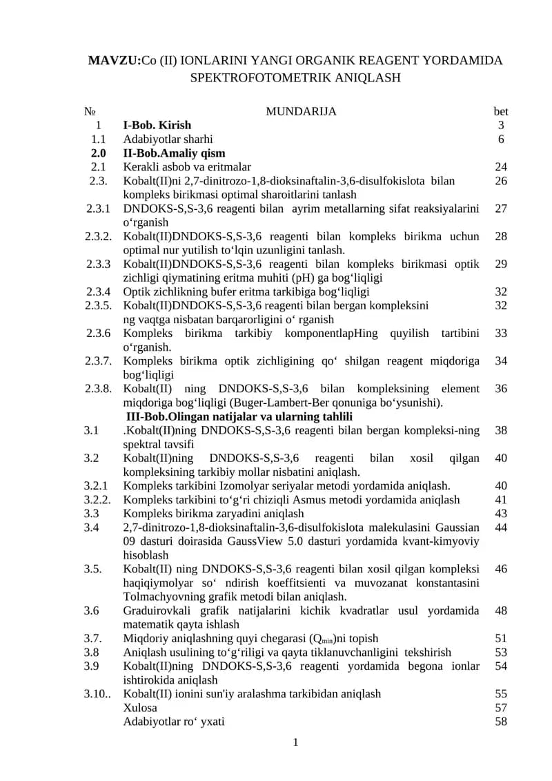 Co (II) IONLARINI YANGI ORGANIK REAGENT YORDAMIDA SPEKTROFOTOMETRIK ANIQLASH