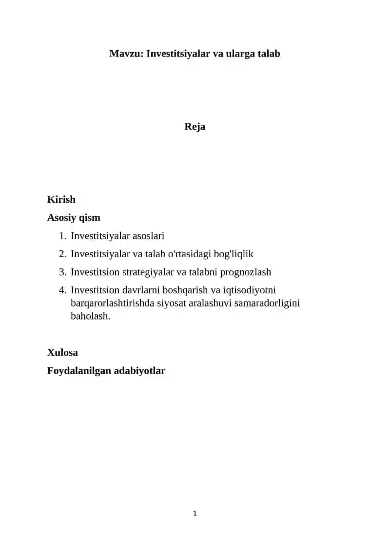 Investitsiyalar va ularga talab