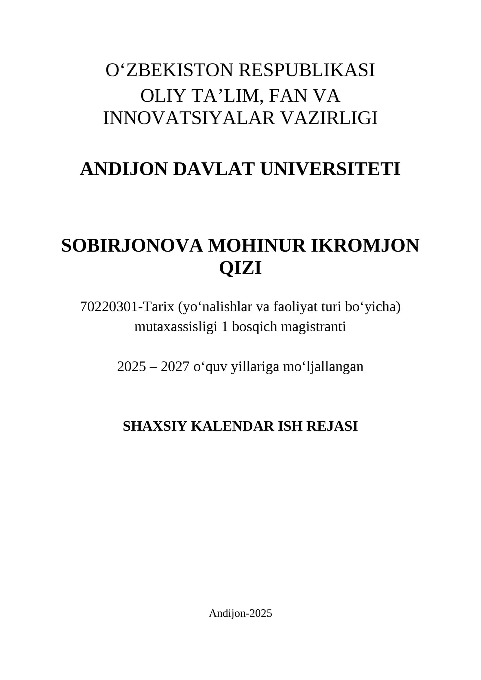 SHAXSIY KALENDAR ISH REJASI