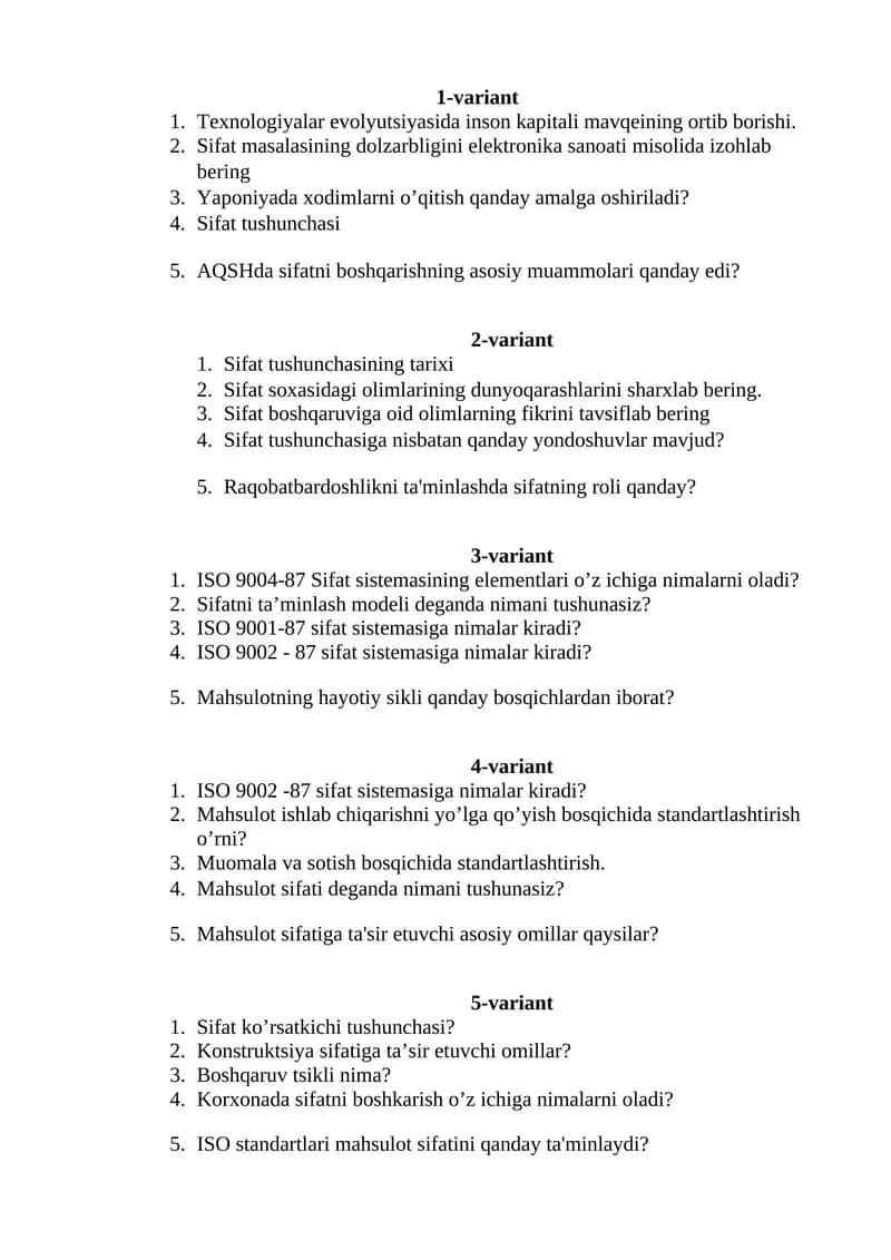 ISO 9002 -87 sifat sistemasiga nimalar kiradi?