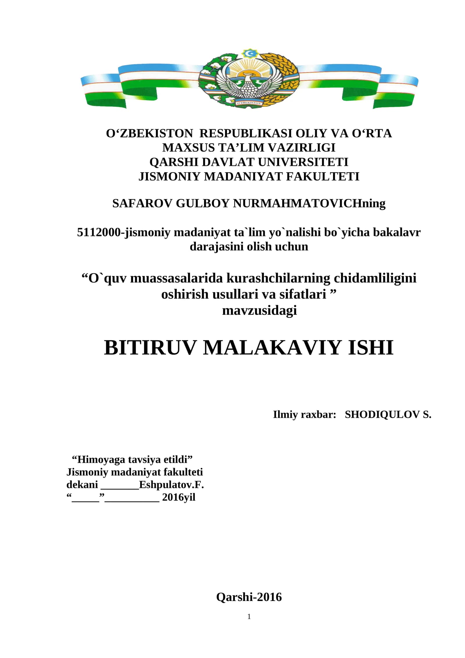 “O`quv muassasalarida kurashchilarning chidamliligini oshirish usullari va sifatlari ”