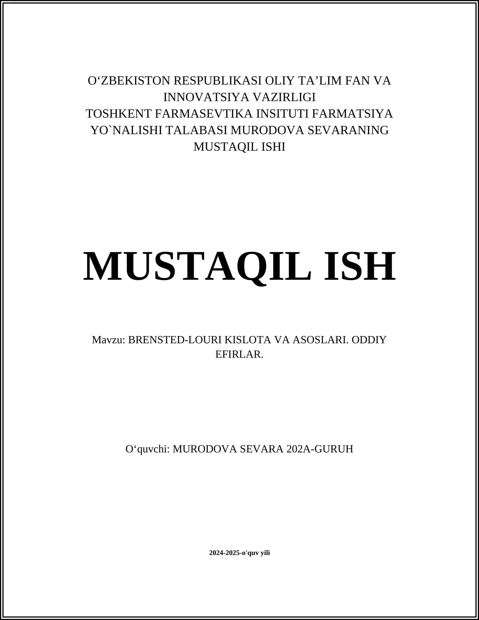 BRЕNSTЕD-LOURI KISLOTA VA ASOSLARI. ODDIY EFIRLAR