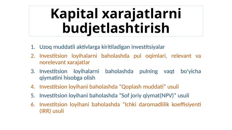 Uzoq muddatli aktivlarga kiriladigan investitsiyalar