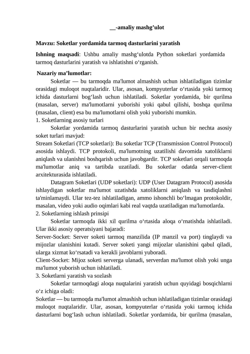 Soketlar yordamida tarmoq dasturlarini yaratish