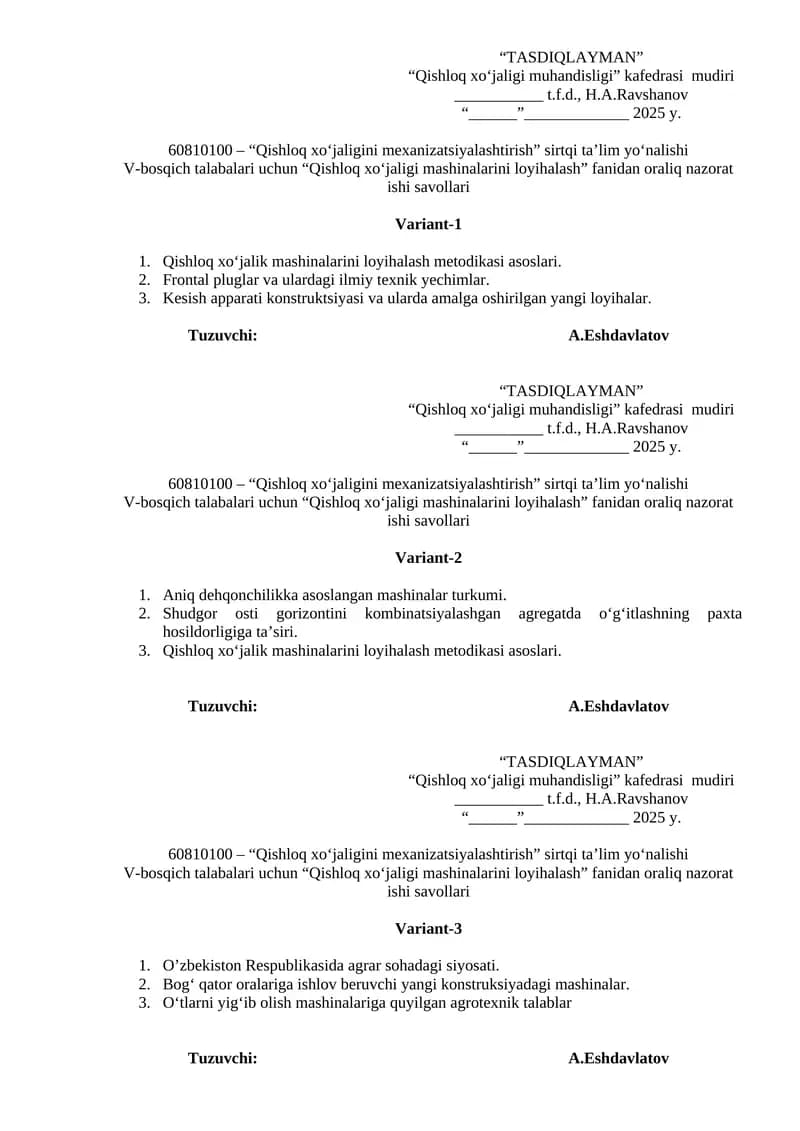 Qishloq xo‘jaligi mashinalarini loyihalash nazorati