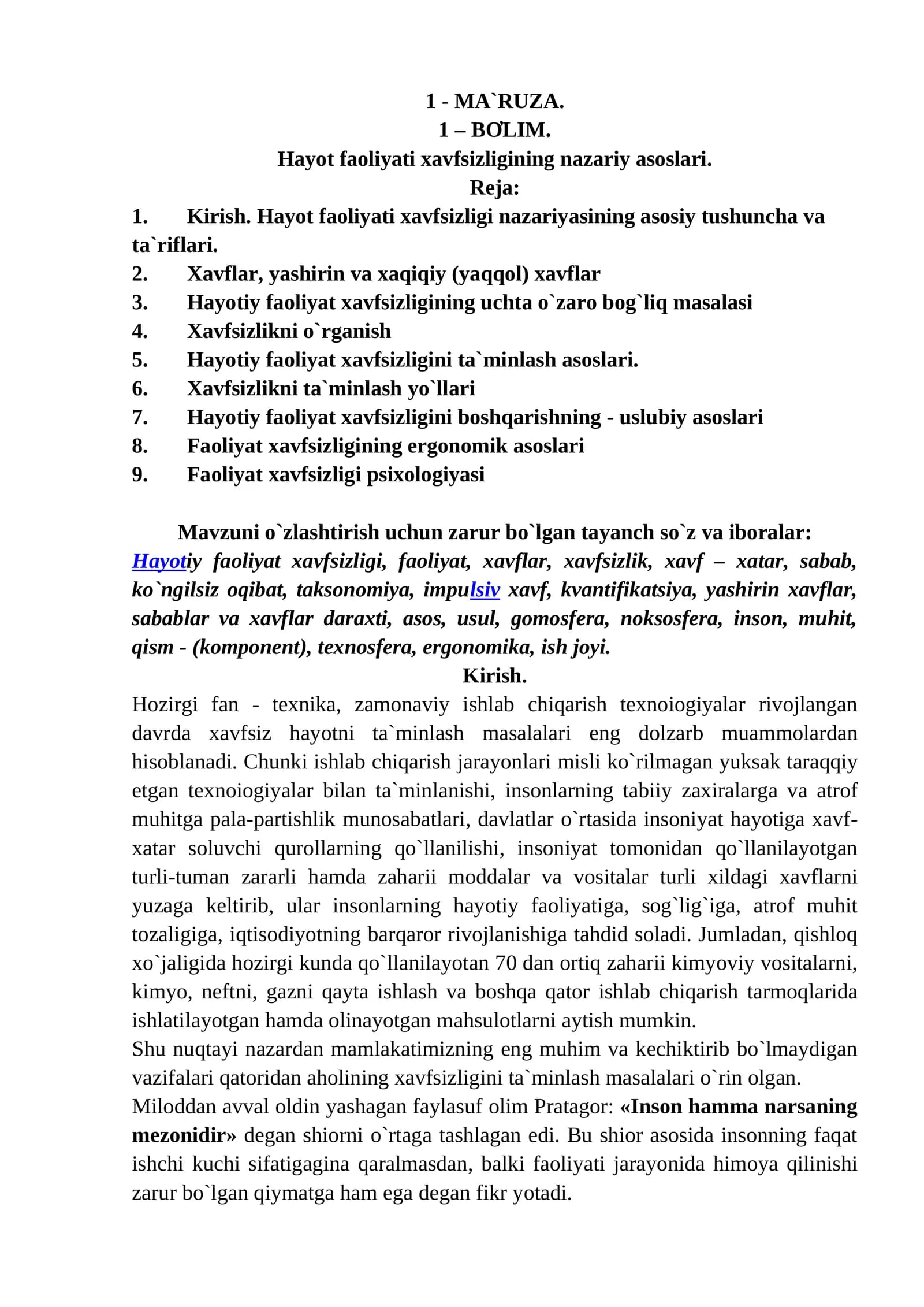 Hayot faoliyati xavfsizligining nazariy asoslari