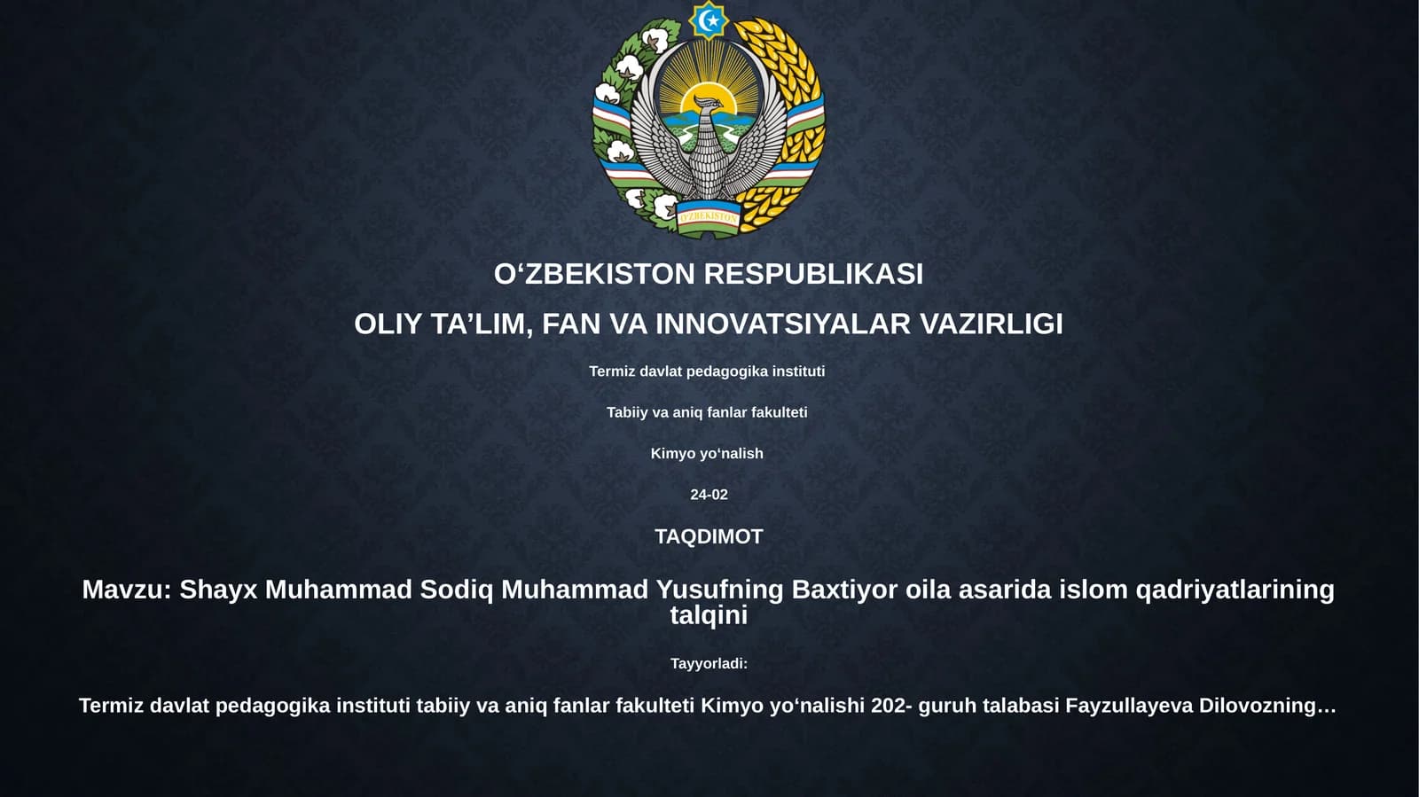 Shayx Muhammad Sodiq Muhammad Yusufning Baxtiyor oila asarida islom qadriyatlarining talqini