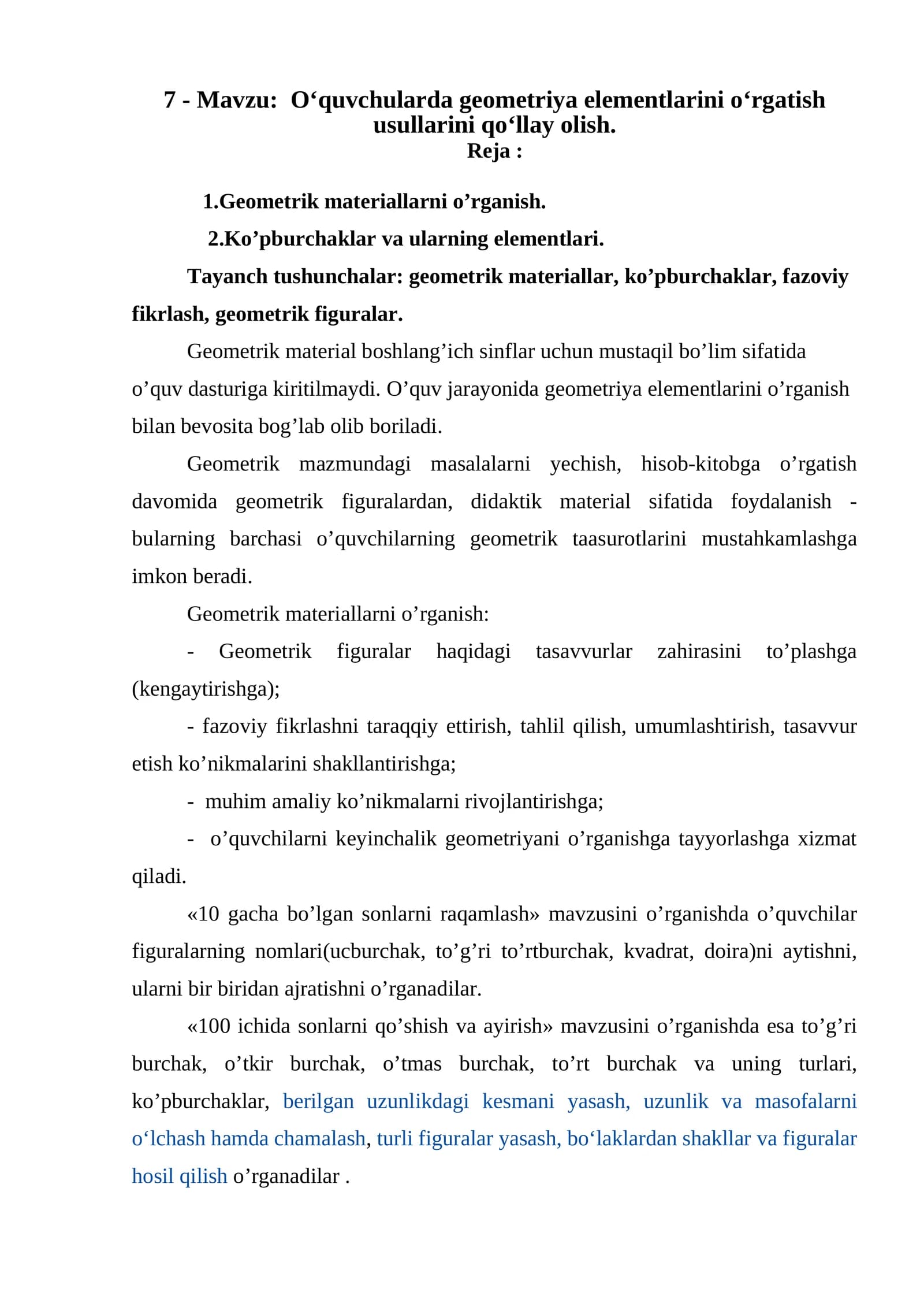 Geometriya elementlarini o‘rgatish usullari