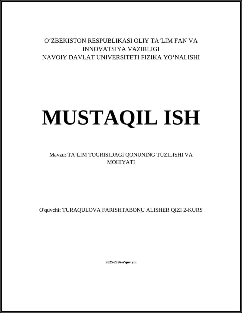 TA’LIM TOGRISIDAGI QONUNING TUZILISHI VA MOHIYATI