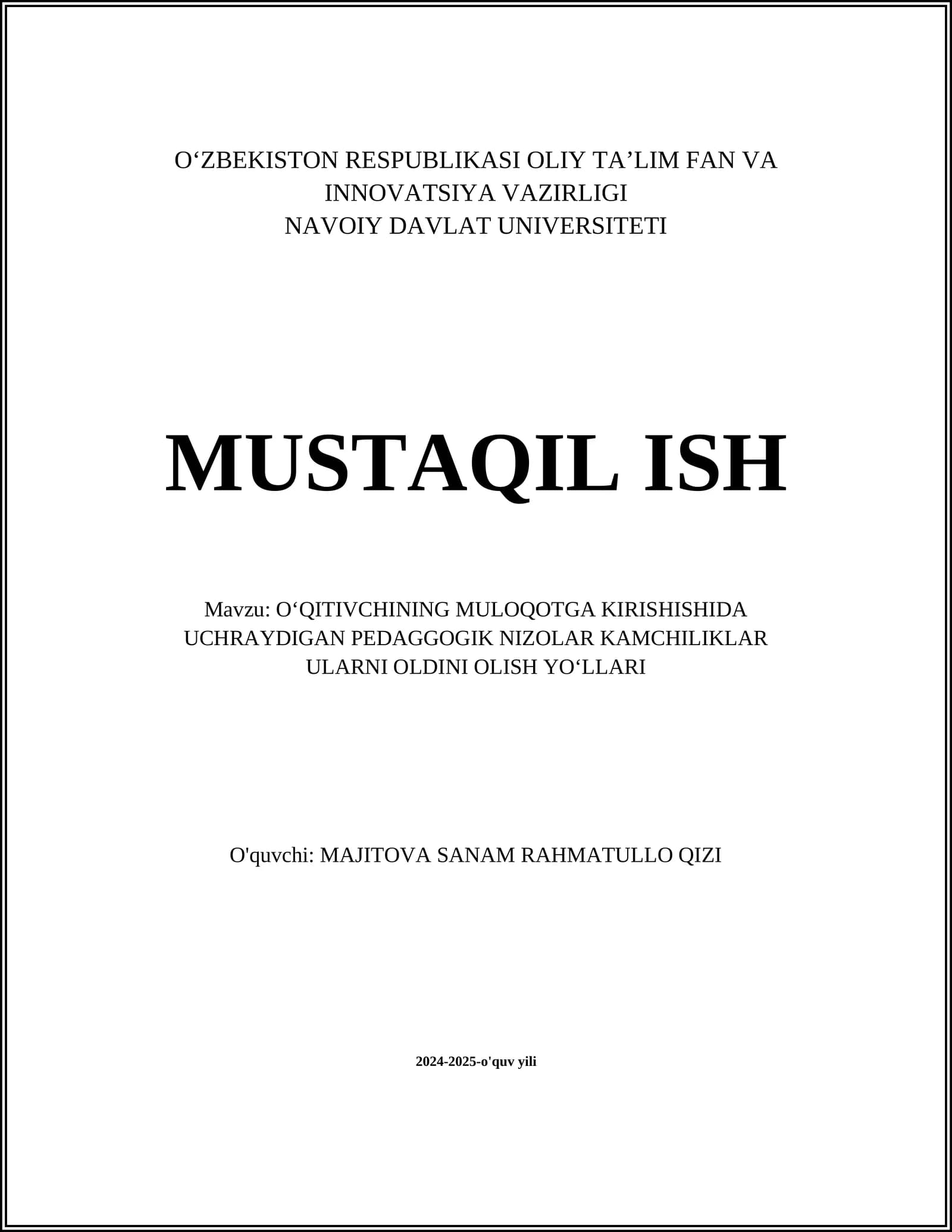 O‘QITIVCHINING MULOQOTGA KIRISHISHIDA UCHRAYDIGAN PEDAGGOGIK NIZOLAR KAMCHILIKLAR ULARNI OLDINI OLISH YO‘LLARI