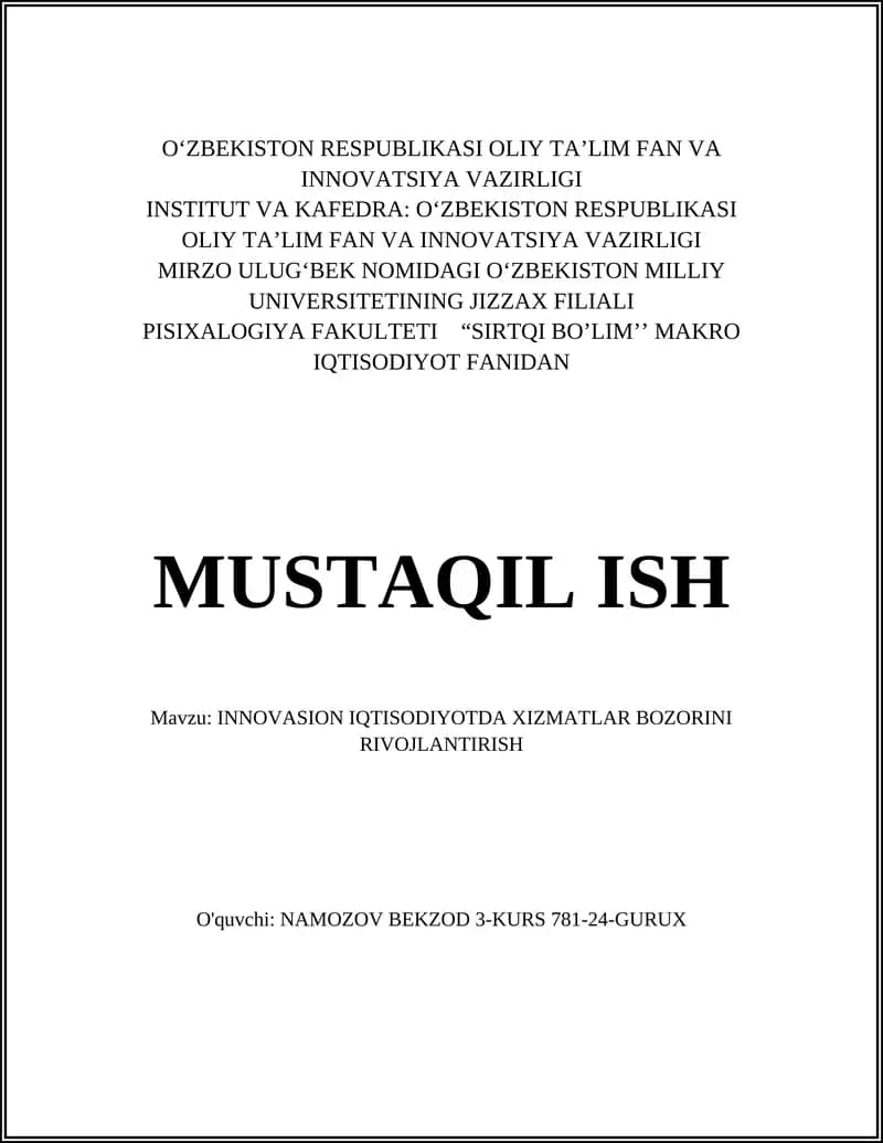 INNOVASION IQTISODIYOTDA XIZMATLAR BOZORINI RIVOJLANTIRISH