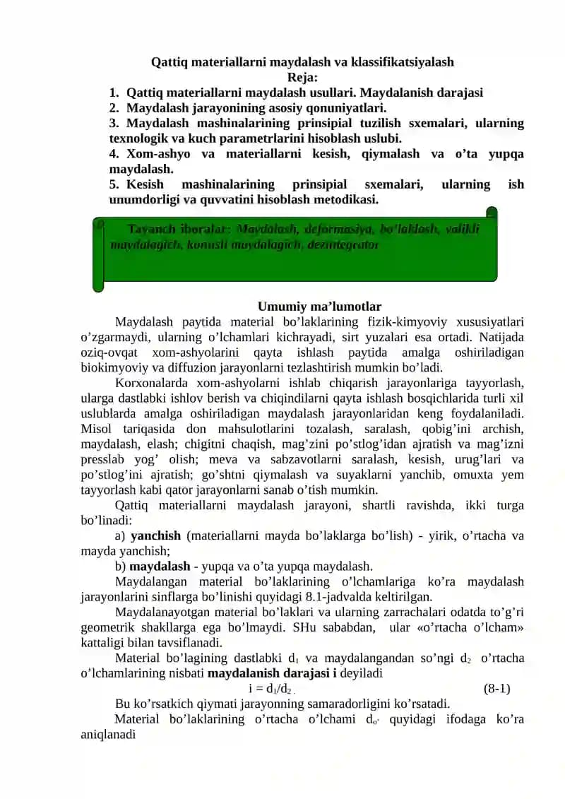 Qattiq materiallarni maydalash va klassifikatsiyalash