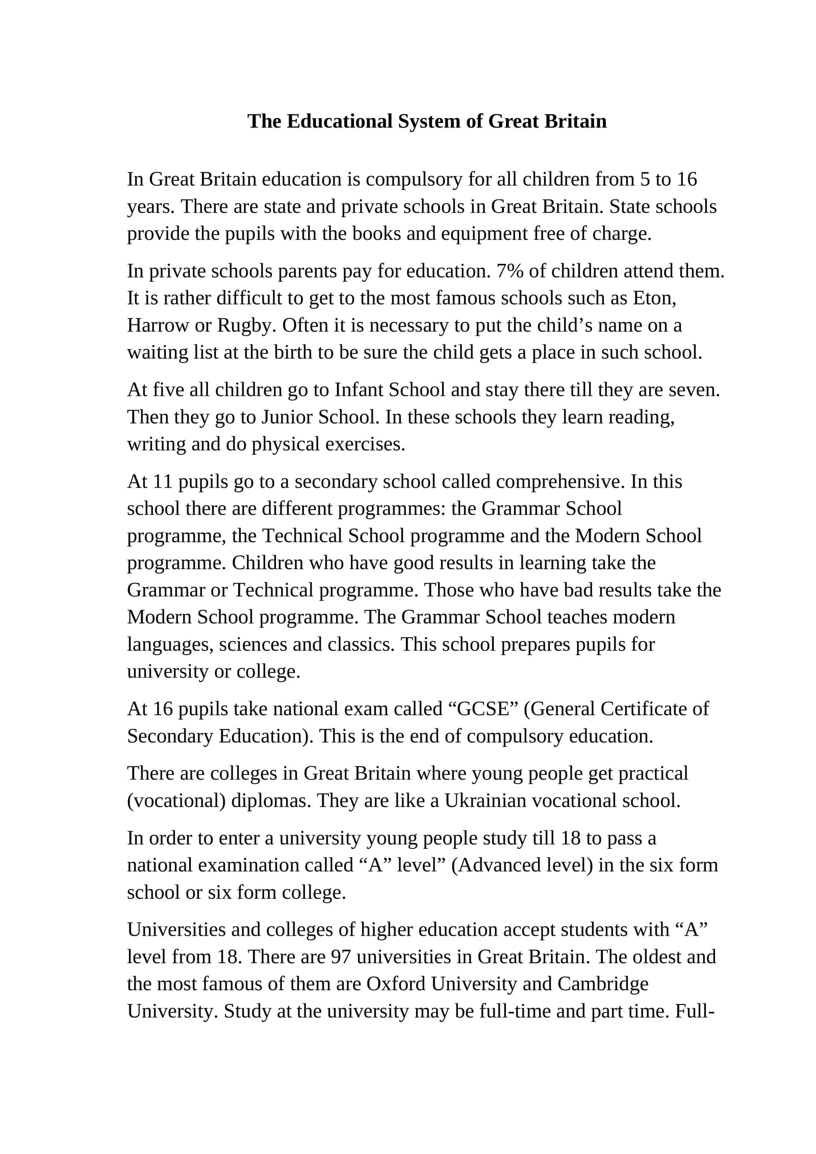 The Educational System of Great Britain