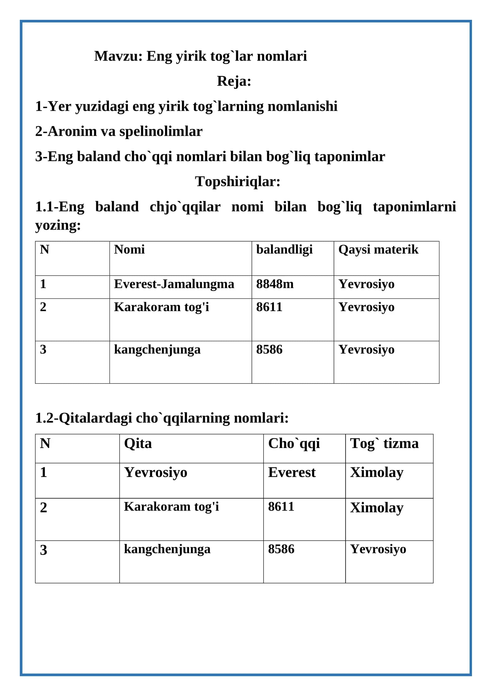 Eng yirik tog`lar nomlari