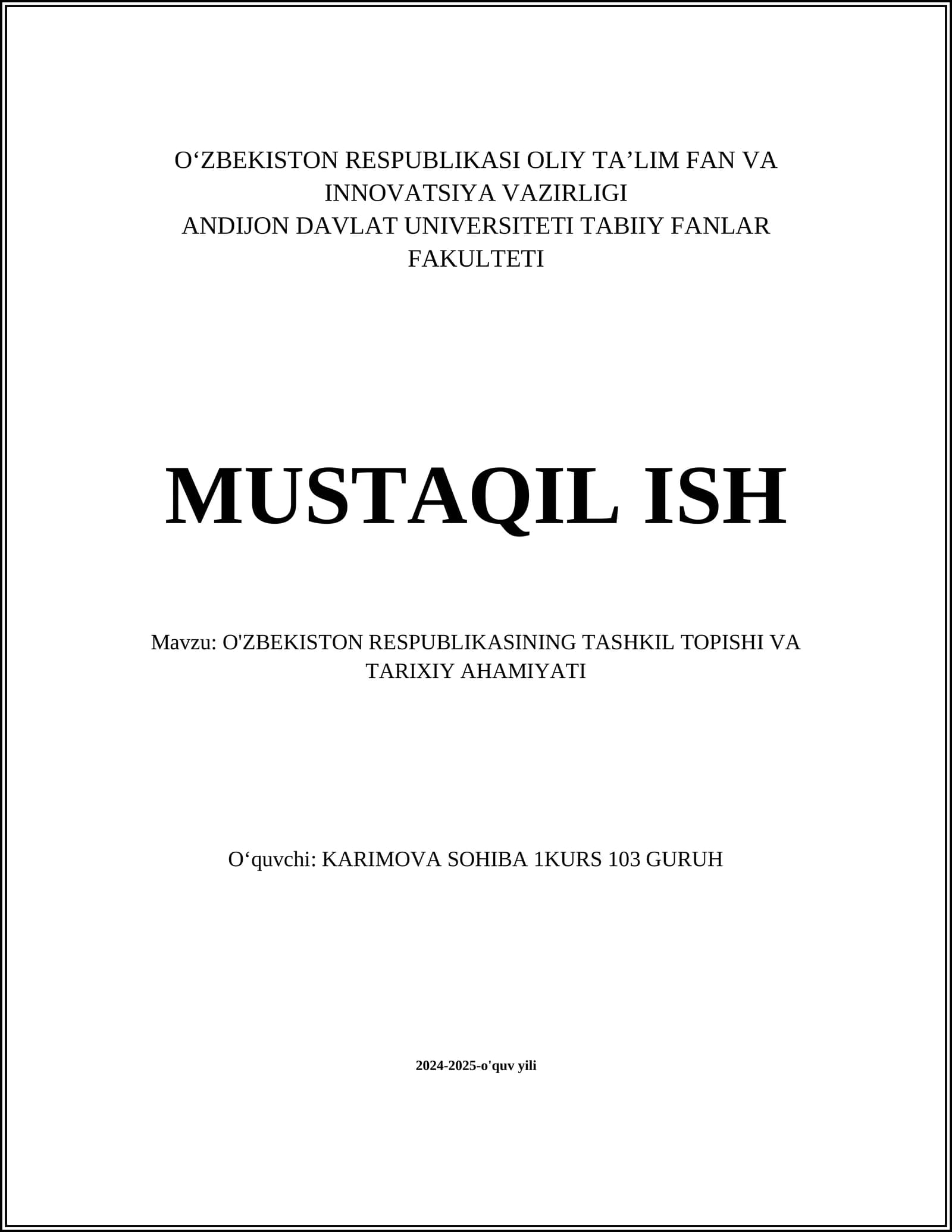 O'ZBEKISTON RESPUBLIKASINING TASHKIL TOPISHI VA TARIXIY AHAMIYATI