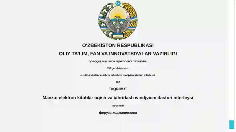 elektron kitoblar oqish va tahrirlash windjviem dasturi interfeysi