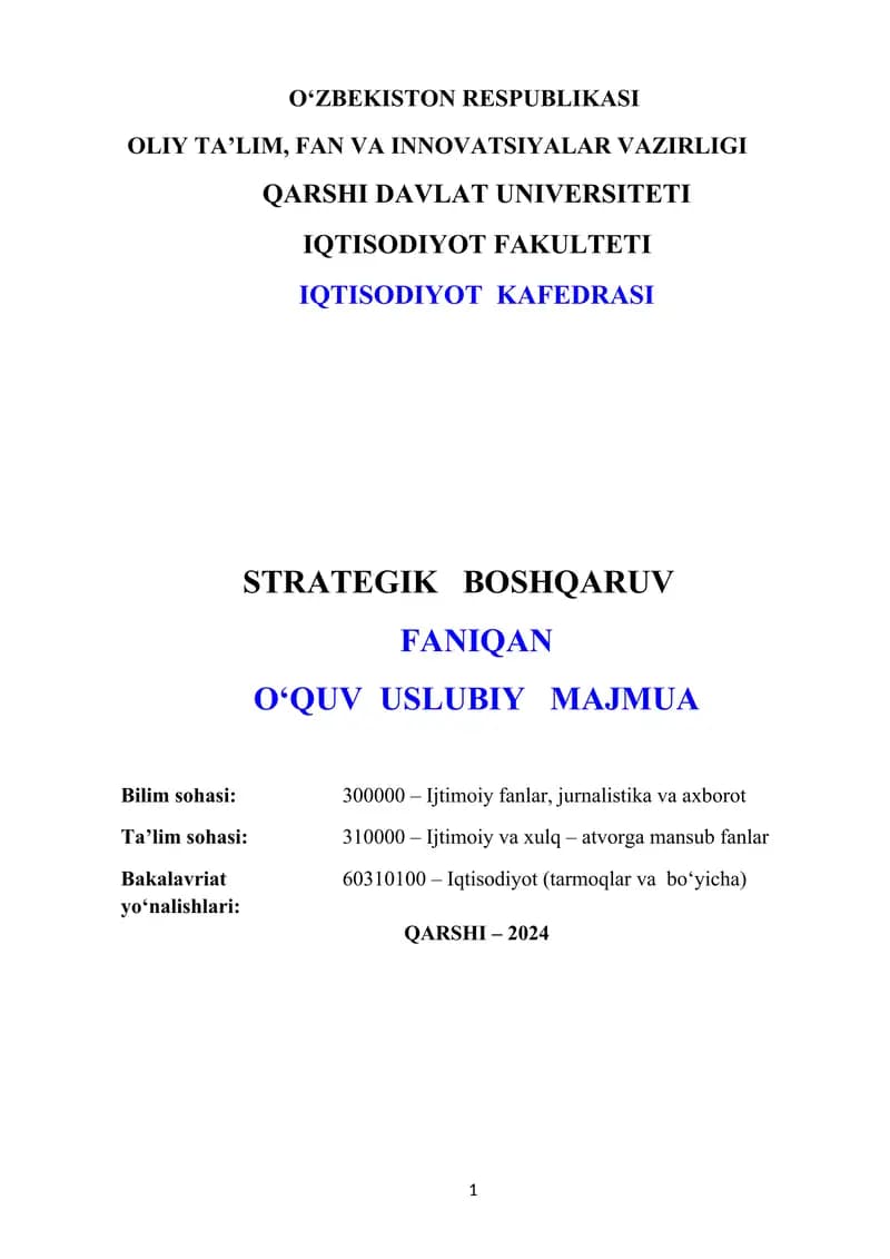 strategik boshqaruv fanidan O'quv uslubiy majmua to'liq