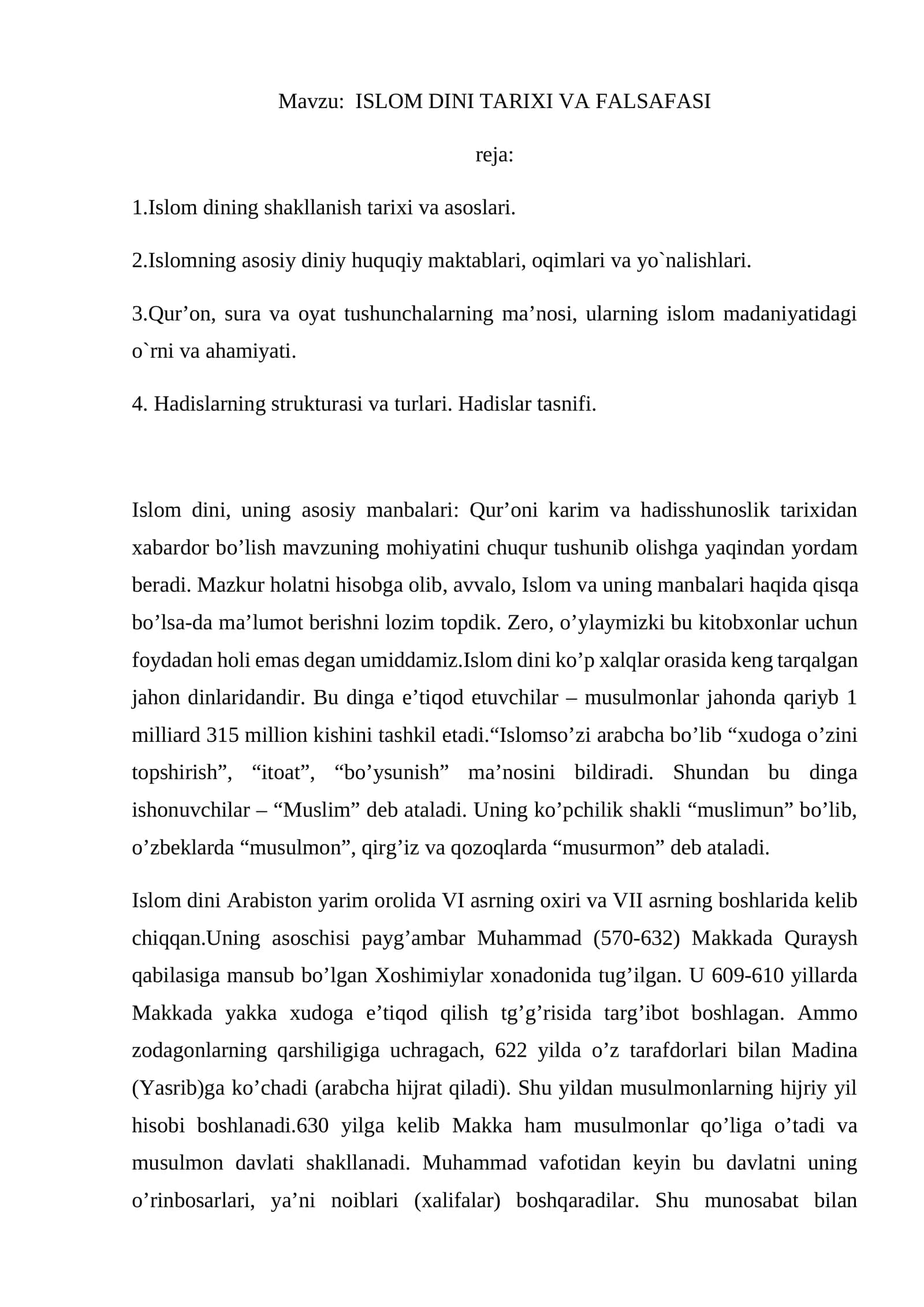 ISLOM DINI TARIXI VA FALSAFASI