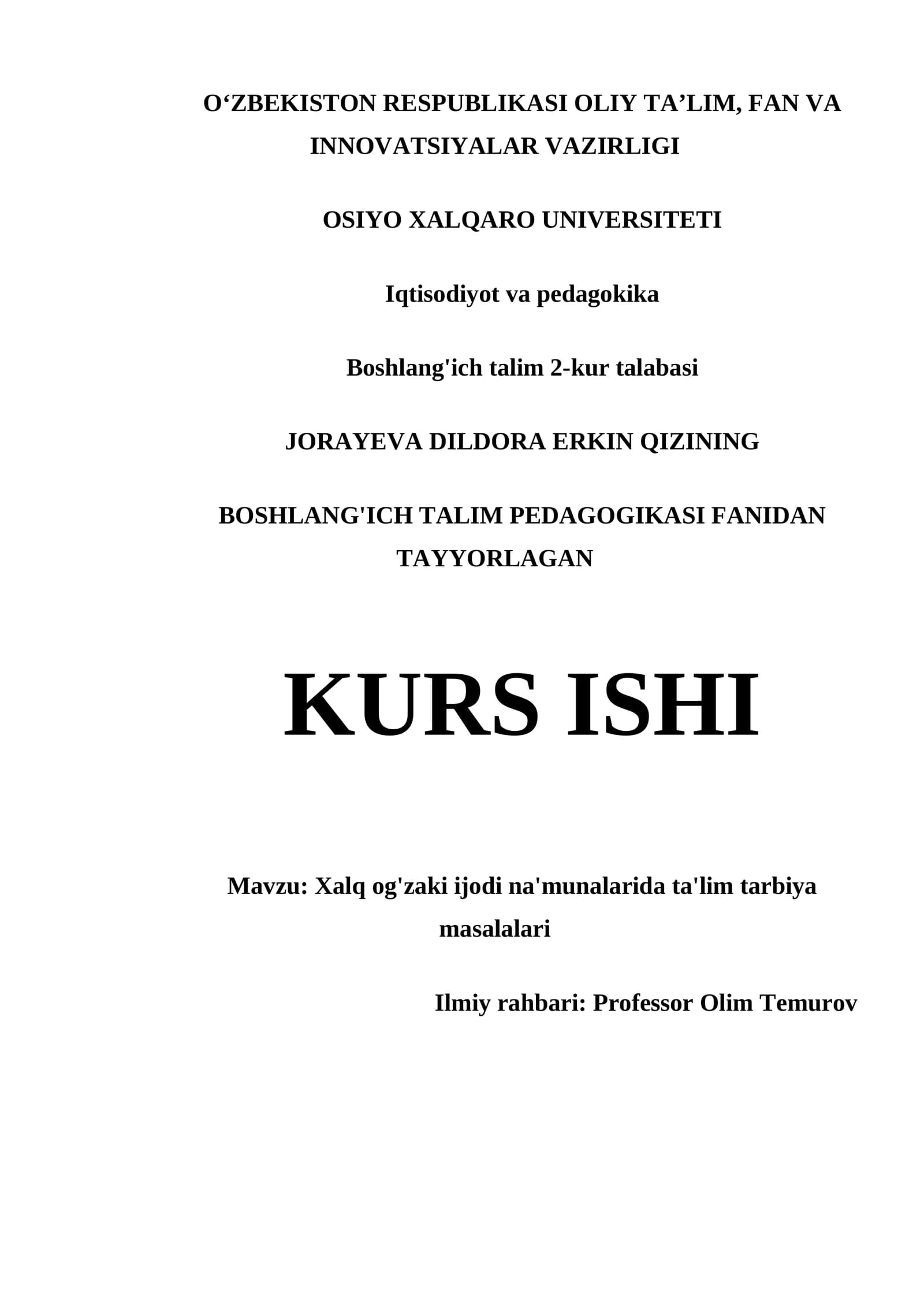 BOSHLANG'ICH TALIM PEDAGOGIKASI FANIDAN TAYYORLAGAN KURS ISHI
