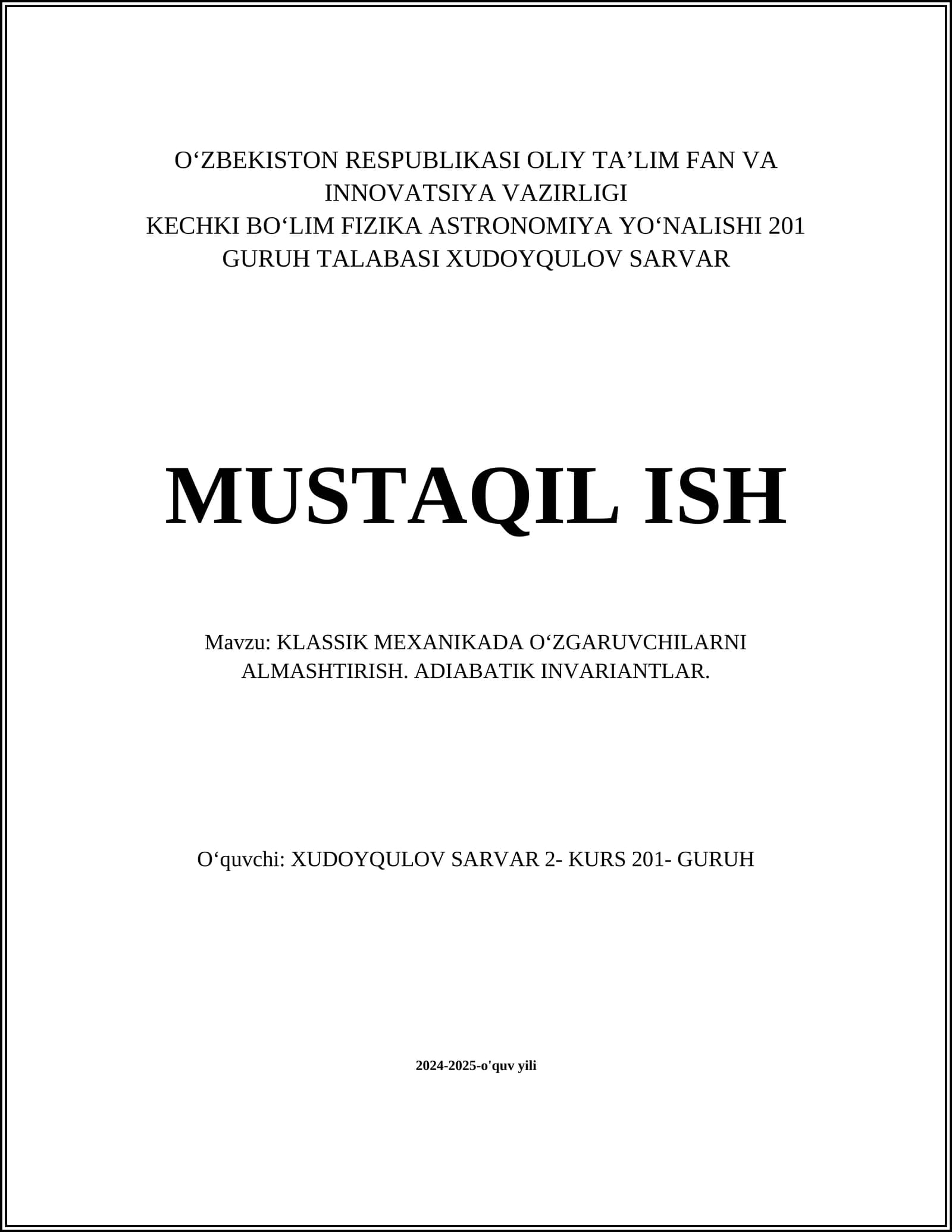 KLASSIK MEXANIKADA OʻZGARUVCHILARNI ALMASHTIRISH