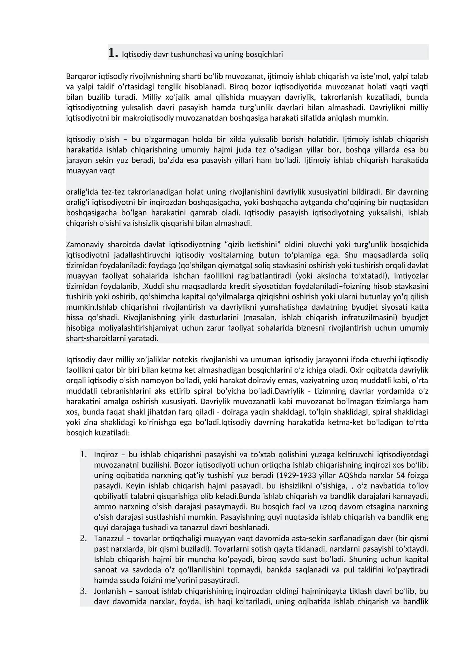Iqtisodiy davr tushunchasi va uning bosqichlari
