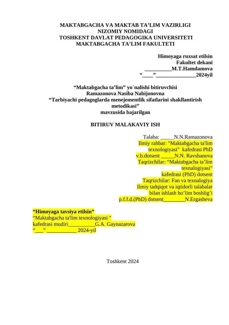 Tarbiyachi pedagoglarda menejementlik sifatlarini shakllantirish metodikasi