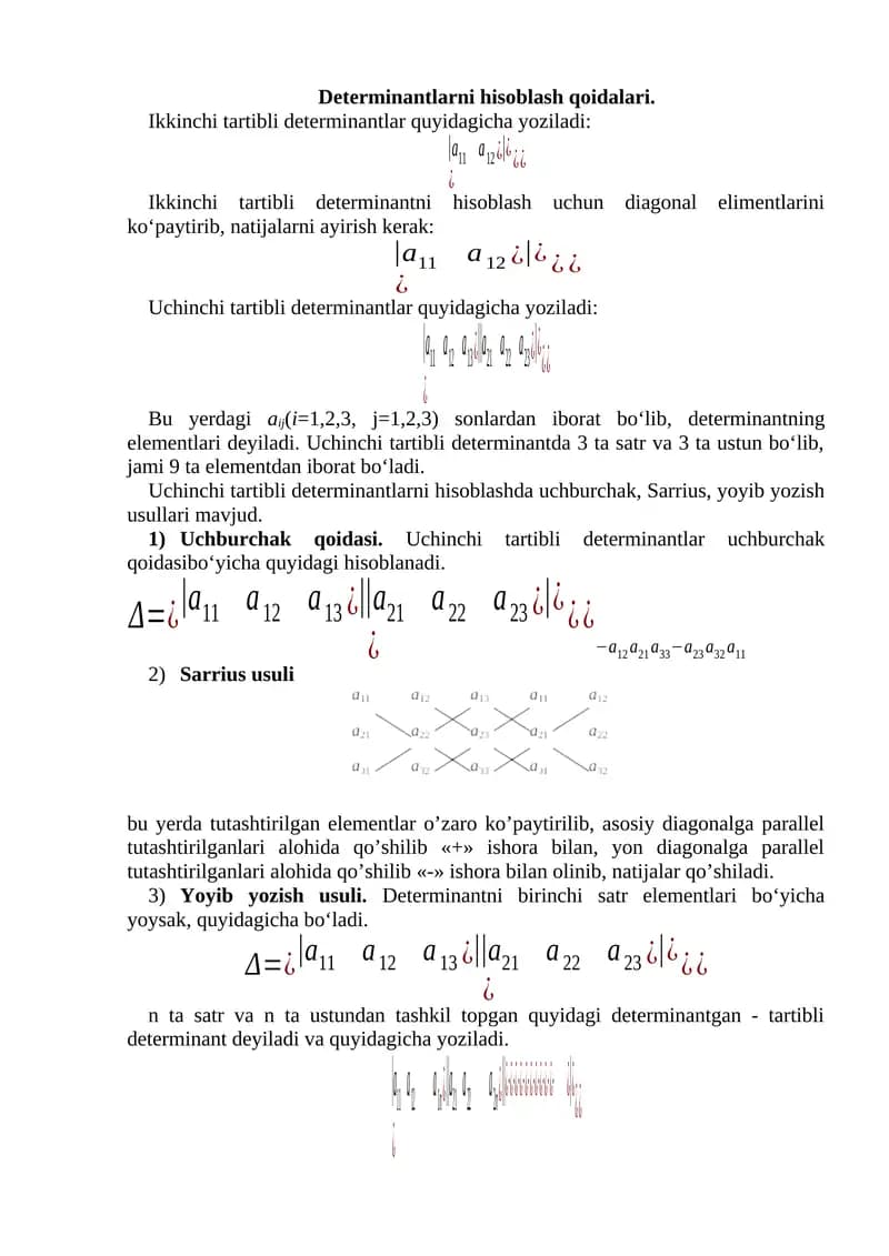 Determinantlarni hisoblash qoidalari