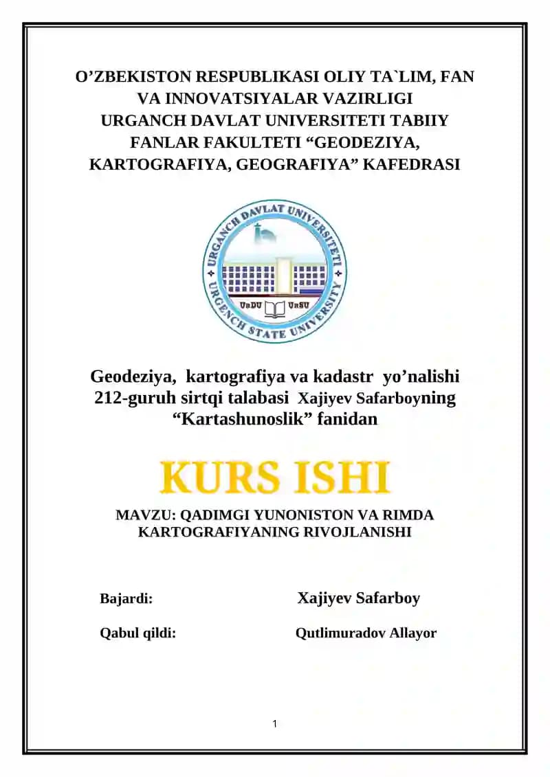 QADIMGI YUNONISTON VA RIMDA KARTOGRAFIYANING RIVOJLANISHI
