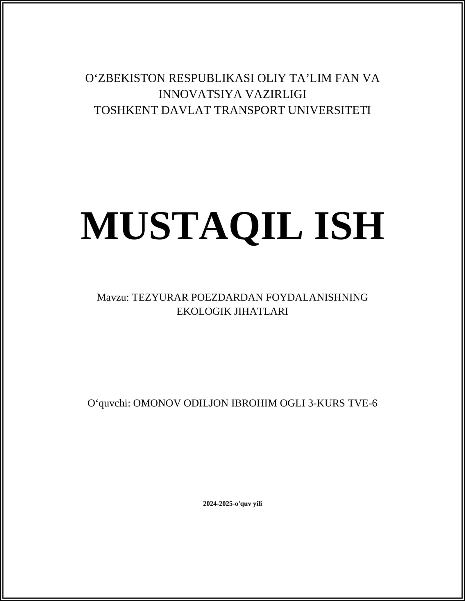 TEZYURAR POEZDARDAN FOYDALANISHNING EKOLOGIK JIHATLARI