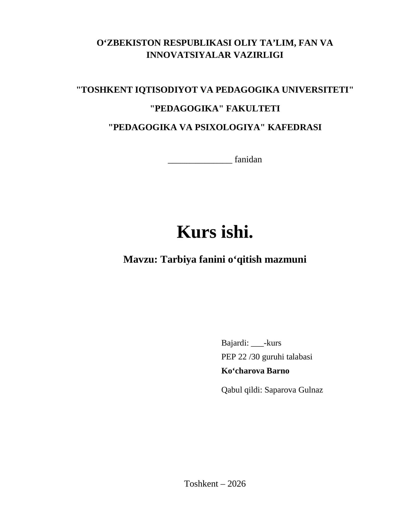 Tarbiya fanini oʻqitish mazmuni
