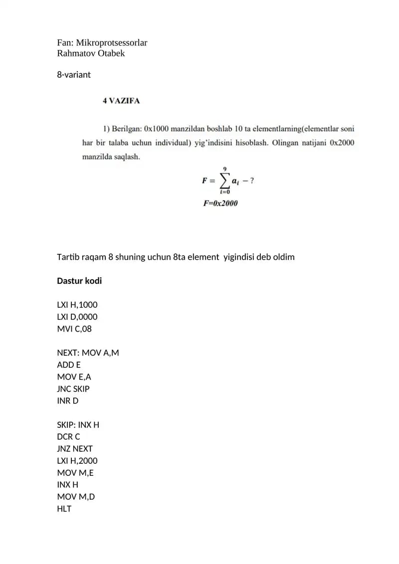 microprotsessorlar 4-amaliy mashg'ulot