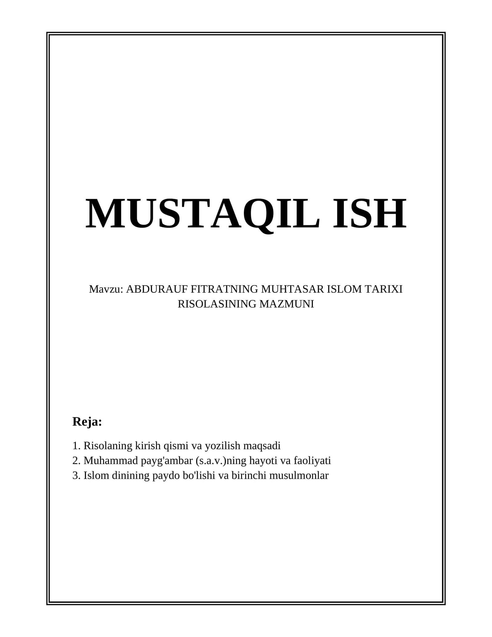 ABDURAUF FITRATNING MUHTASAR ISLOM TARIXI RISOLASI