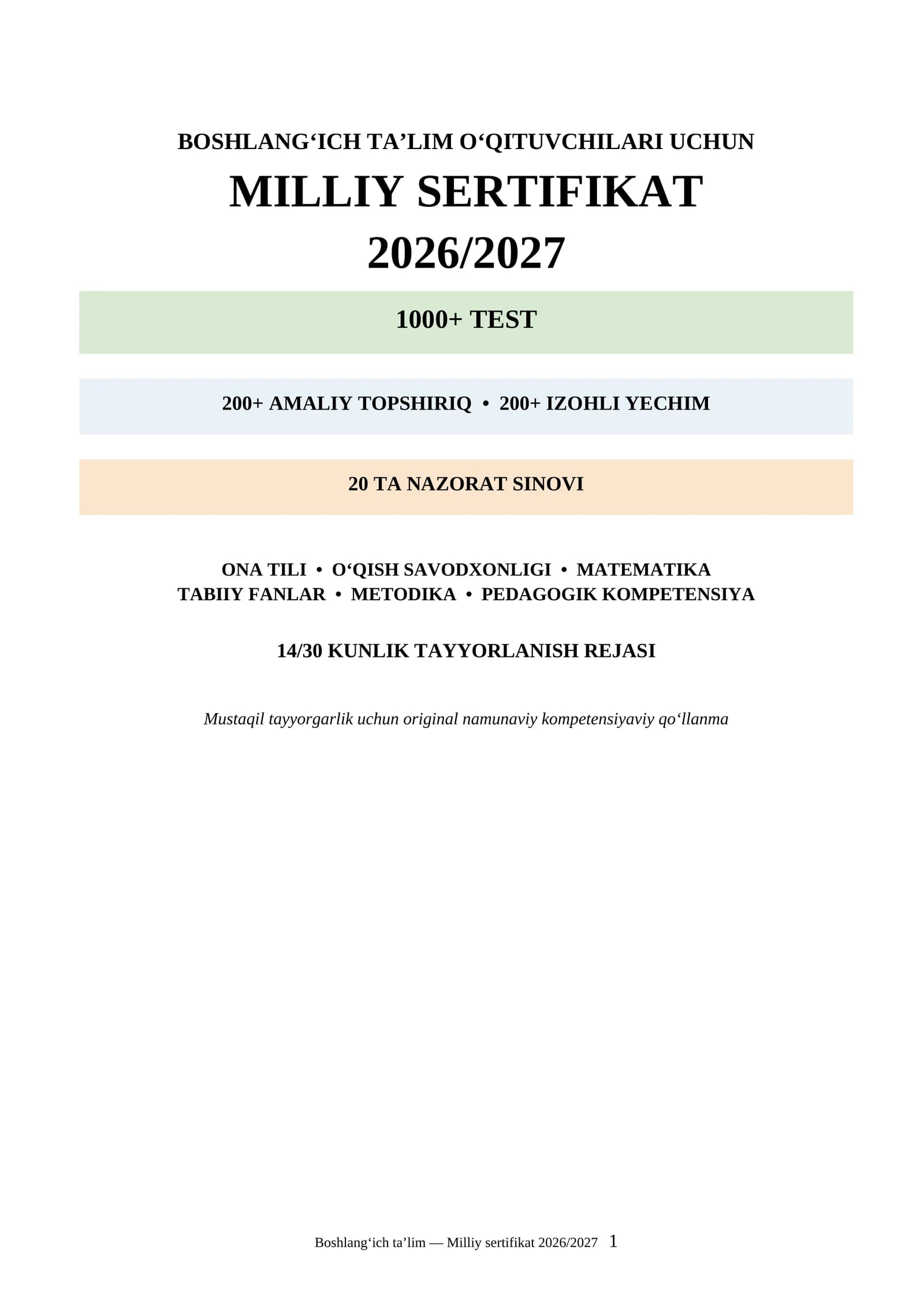 Boshlang‘ich ta’lim Milliy sertifikati 2026/2027 | 1000+ test + 200+ amaliy topshiriq + 20 sinov