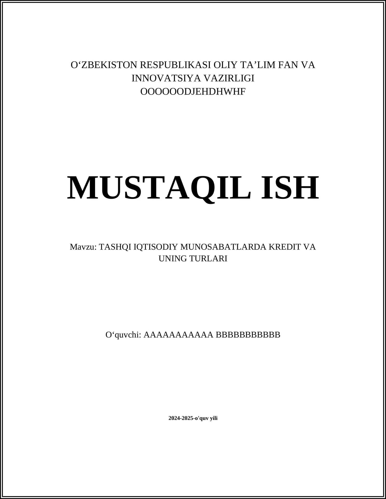 TASHQI IQTISODIY MUNOSABATLARDA KREDIT VA UNING TURLARI