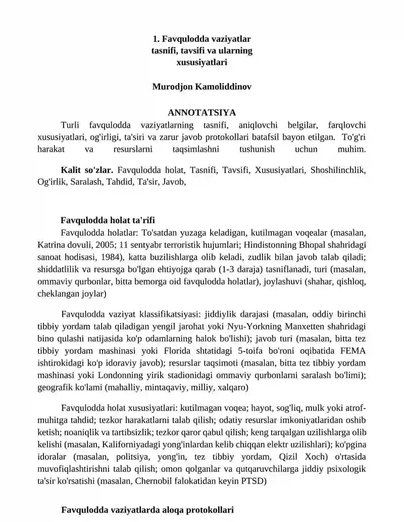 Favqulodda vaziyatlar tasnifi, tavsifi va ularning xususiyatlari