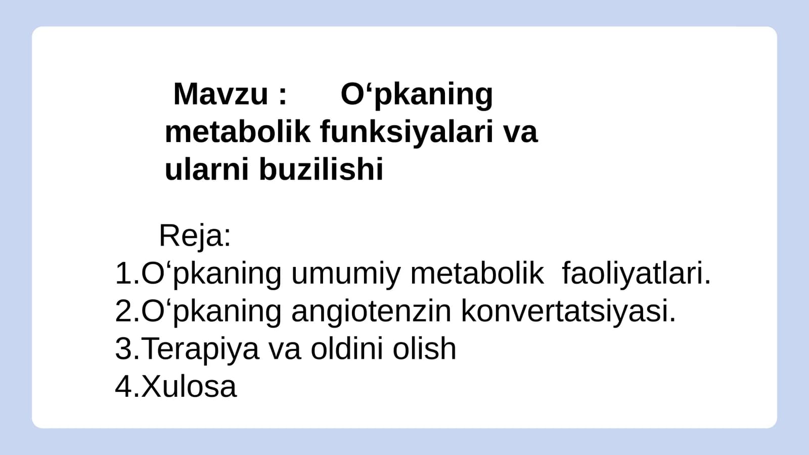Oʻpkaning metabolik funksiyalari va ularni buzilishi